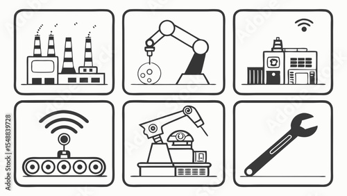 Industrial Automation Robotics, Factories, and Smart Manufacturing Icons