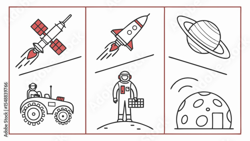 Space Exploration Rockets, Astronauts, and Lunar Habitats - Line Art Illustrations