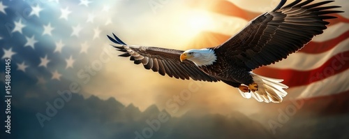 A majestic bald eagle soars with wings spread wide against a backdrop of the American flag and a dramatic sky over mountainous terrain.