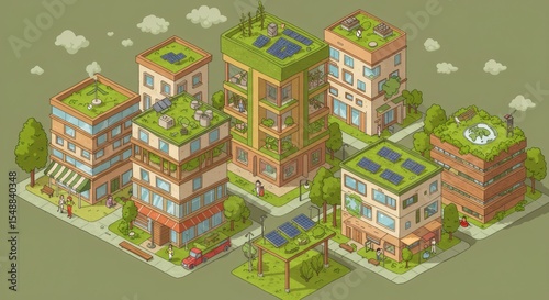 Eco Friendly Cityscape Green Roofs Solar Panels Sustainable Urban Design Illustration