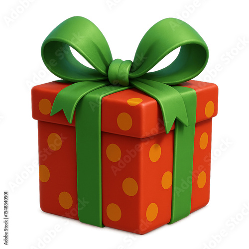 Gift box with green ribbon and polka dots on red background  Vector Illustration