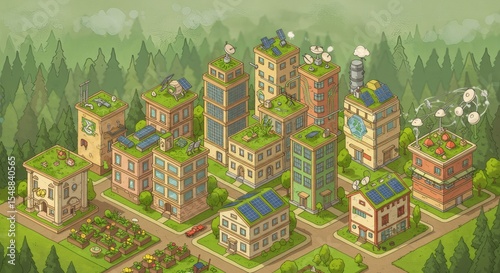 Eco Friendly Smart City Sustainable Urban Landscape with Green Roofs and Solar Panels