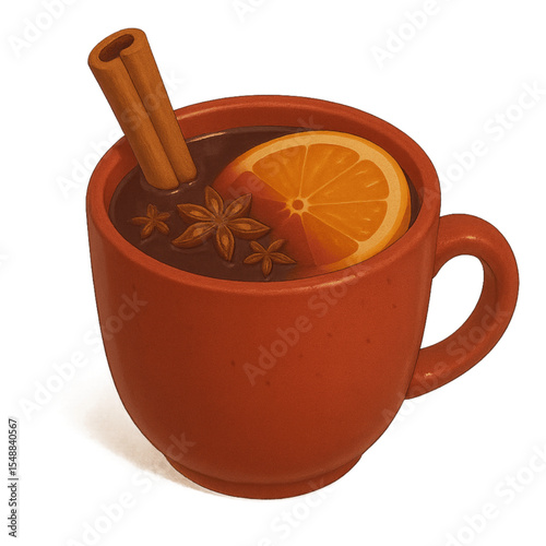 Warm mulled wine in red ceramic cup with orange slice and spices  