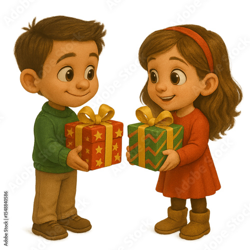 Children exchanging gifts for Christmas celebration with joy Vector Illustration