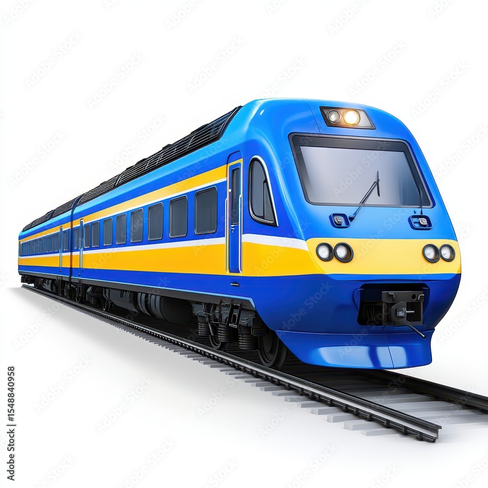 Fototapeta premium Blue and yellow passenger train on tracks