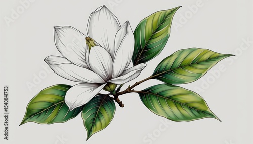 Elegant magnolia blossom, closeup of white flower with lush green leaves on pure white background