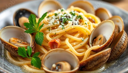 Close-up of spaghetti alle vongole, clams in garlic sauce,  italy,  recipe