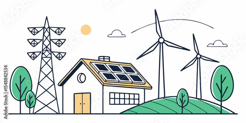 Cartoon Nature Scene with Wind Energy Concept