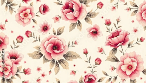 Elegant vintage floral wallpaper vector seamless pattern, featuring delicate blooms and leaves in a repeating design, romantic, summer
