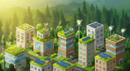 Eco Friendly Cityscape Green Roofs Solar Panels and Wind Turbines on Modern Buildings