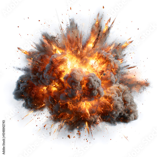 Fiery explosion captured mid-burst with dense smoke and flying debris, isolated on white background — perfect for action visuals, cinematic effects, or combat scenes.

