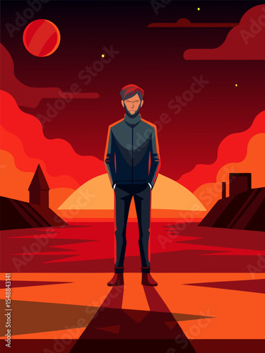 Contemplation at Sunset. A Solitary Figure in a Red Landscape