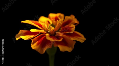 Vibrant orange and yellow flower with ruffled petals and intricate blossom details on black background, showcasing vivid color contrast and close up natural beauty of blooming petals