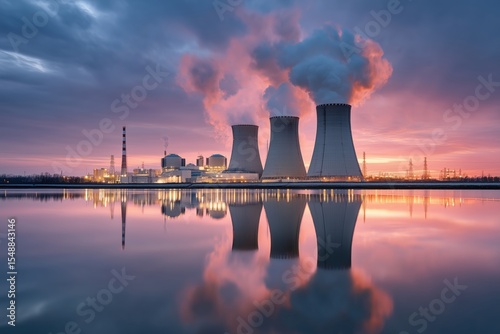 Nuclear power plant at night with reflection in water, nuclear energy and sustainable electricity concept