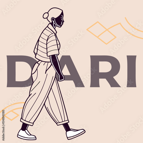 Stylish Woman Walking Past the Word Dari Illustration Art Design With Soft Neutral Colors and Simple Accenting Shapes