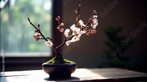 Peaceful indoor scene featuring small bonsai tree with pink blossoms round pot wooden table, illuminated by natural light through window, creating serene atmosphere with flowers and greenery outside