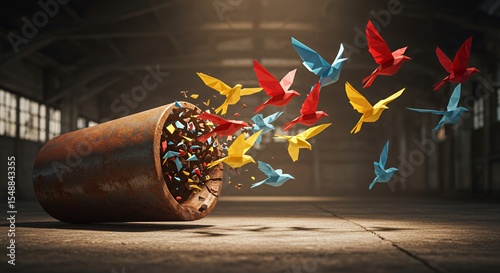 Origami Birds Exploding from Rusty Cylinder: A Symbol of Freedom and Innovation