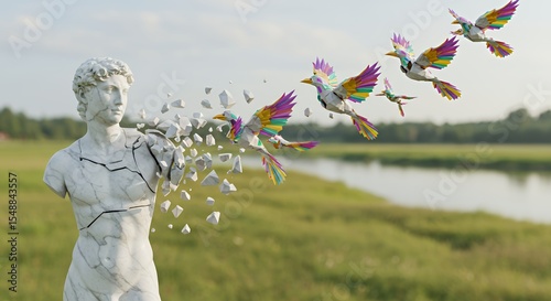 Transformation: A Marble Statue Shatters into Colorful Birds in Flight