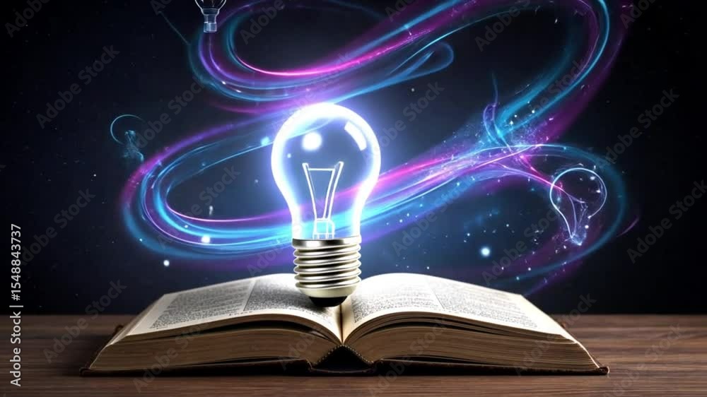 An open book, its pages glowing softly against a dark background. From the center of the book, a brilliant burst of blue and purple light swirled out, forming a lamp.
