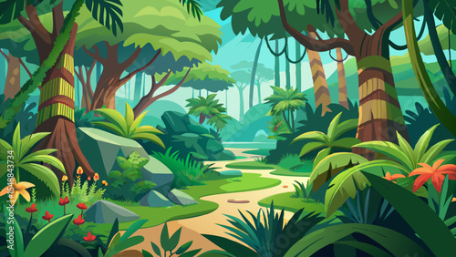 Serene Jungle Landscape. A Picturesque Path Through Lush Tropical Paradise