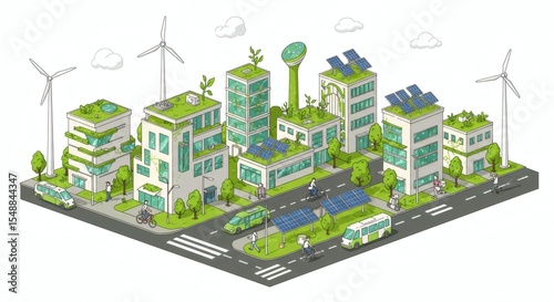 Eco Friendly Cityscape Sustainable Urban Development with Green Buildings Solar Panels and Wind