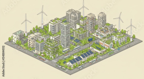 Eco Friendly Cityscape Sustainable Urban Development with Green Roofs and Wind Turbines