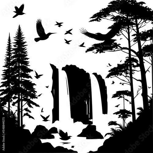 “A silhouetted scene of a waterfall surrounded by dense forest, birds soaring, sharp vector shapes, simple flat design.”
