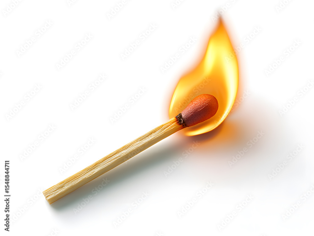A burning matchstick captured in high detail with soft shadows and a clean white background.