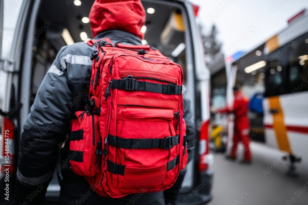 Fototapeta premium Paramedic with red backpack preparing for emergency response near ambulance vehicle