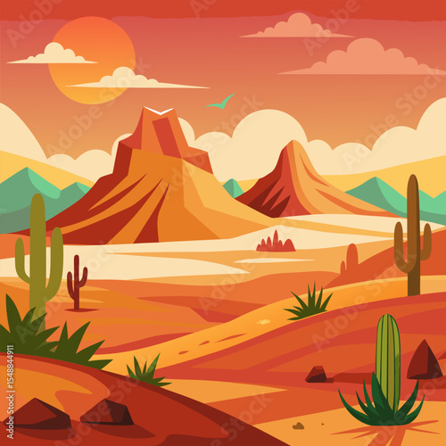 Majestic Desert Landscape at Sunset. Cacti. Mountains. and Sand Dunes