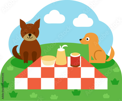 Cartoon picnic scene with animals on a gingham blanket, vector art with white background.