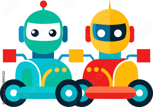 Friendly robot friends racing go-karts, colourful vector design with white background.
