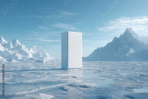 A white minimalist refrigerator stands in the middle of an icy landscape