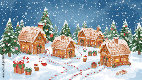 Charming gingerbread village in a winter wonderland