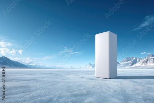A white fridge stands in the middle of an icy landscape with copy space