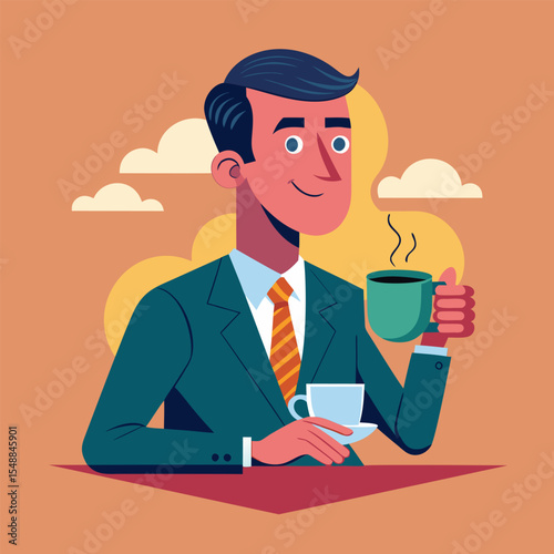 Businessman enjoying coffee break at office.  Professional in suit relaxes with a cup of coffee and tea.