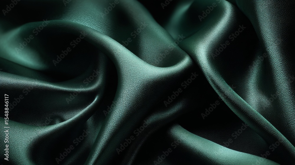 Fototapeta premium Elegant dark green satin fabric with luxurious folds and smooth texture