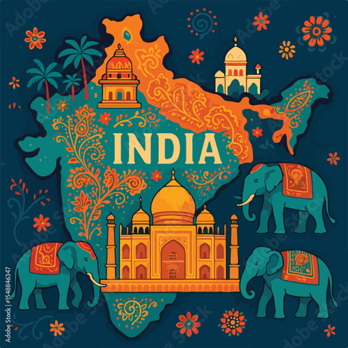 Vibrant India A Stylized Map with Elephants and Monuments