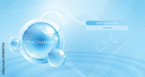 Blue glowing niacinamide molecule with chemical structure and Vitamin B3 label, perfect for skincare, cosmetic, facial treatment, beauty advertising, and anti-aging product background.