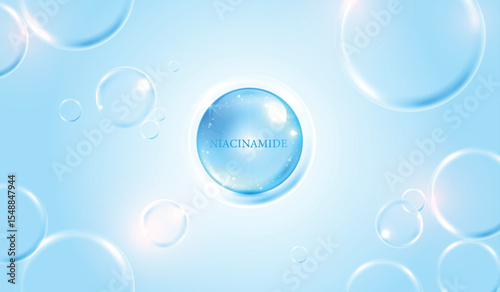 Bubble Niacinamide molecule glowing in blue serum bubble. Skincare concept for beauty, facial treatment, anti-aging, cosmetics, and dermatology products with radiant and clean background. Vector.