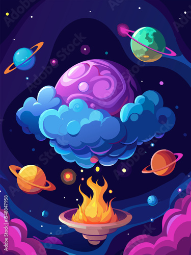 Cosmic Dreams. A Surreal Space Landscape with Vibrant Planets and Celestial Fire