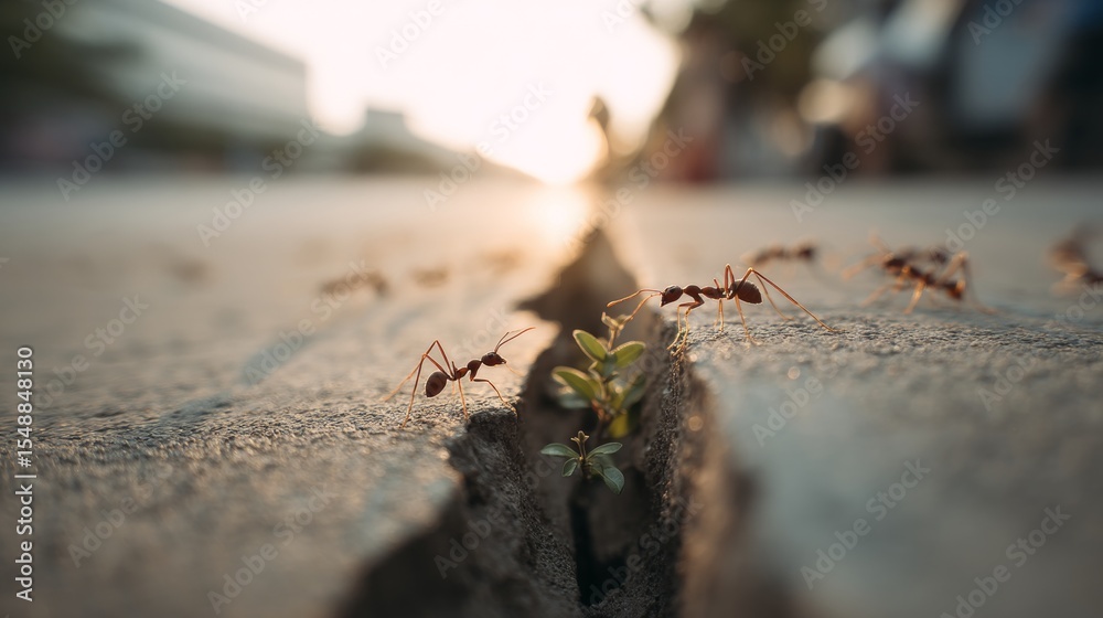 Fototapeta premium Close-up of ants crossing a pavement crack with small plant at sunset