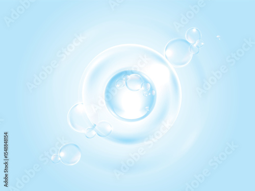 Realistic transparent soap bubbles with light reflections on a soft blue background. Perfect for skincare, cleaning, cosmetic, or freshness concepts in advertising and design.