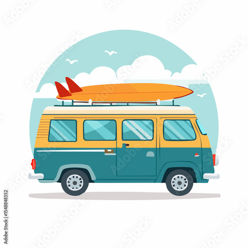 A retro travel van with a surfboard, ideal for adventure branding, posters, or boho-themed merch.