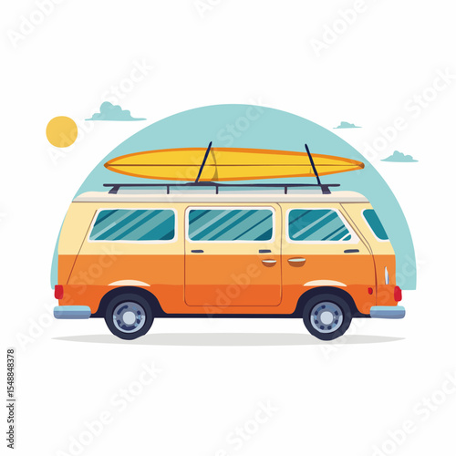 A retro travel van with a surfboard, ideal for adventure branding, posters, or boho-themed merch.