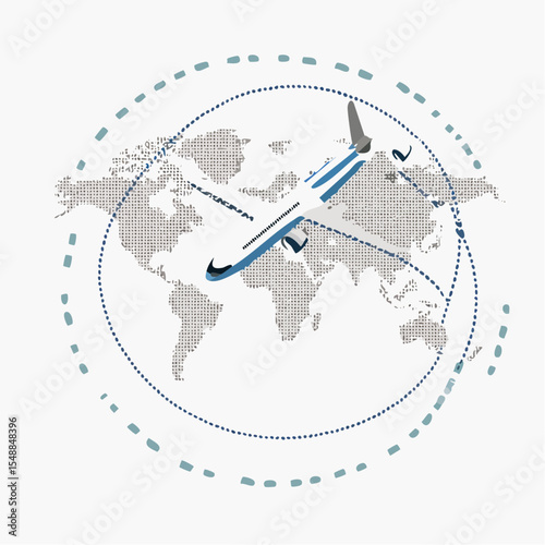 Stylish travel vector showing a flight path around the globe, great for travel blogs, agencies, or social posts.