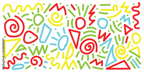 Fun colorful line doodle seamless pattern. Creative minimalist style art background for children or trendy design with basic shapes. Simple childish scribble backdrop. Vector stock background in eps10