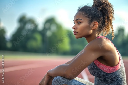 Woman sprinter sitting at the start line on a running track, preparing herself mentally and physically for a race with focus and determination, Generative AI