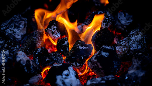 Glowing flames amidst textured charcoal background