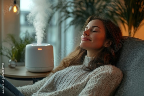 Air humidifier device at home with a woman relaxing during work on the sofa, Generative AI